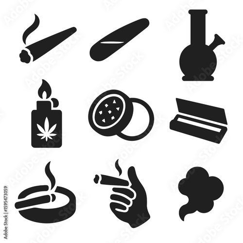 Cannabis Icons Collection. Solid style icons of recreational cannabis use: smoking joint icon, rolled blunt image, cannabis bong
