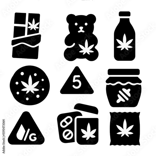 Edible Cannabis Icons. Solid style icons of edible cannabis products: CBD chocolate bar, infused brownie icon, gummy bear with