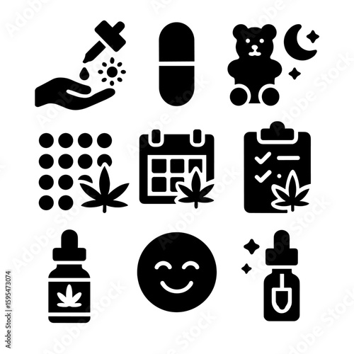CBD Routine Icons. Solid style icons of CBD daily routine: morning tincture dose, mid-day capsule icon, evening gummy shape, daily