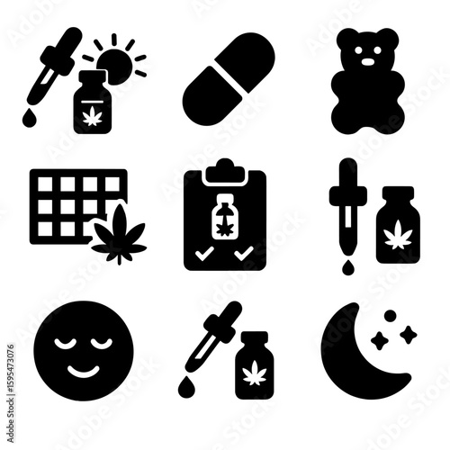 CBD Routine Icons. Solid style icons of CBD daily routine: morning tincture dose, mid-day capsule icon, evening gummy shape, daily
