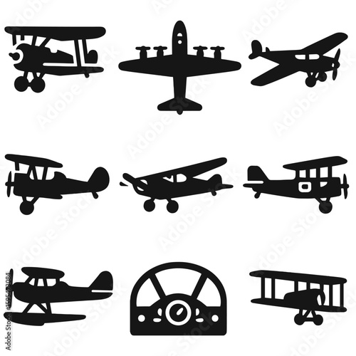 Vintage Airplane Icons. Solid style icons of vintage and historical airplanes: WWI biplane, WWII bomber, early monoplane,
