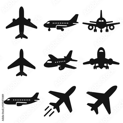 Aircraft Icon Views. Solid style icons of aircraft in various views: top view silhouette, side profile aircraft, front view with