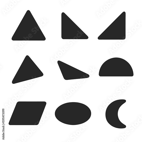 Geometric Shapes Icons. Solid style icons of basic math shapes: equilateral triangle, right triangle, isosceles triangle, acute