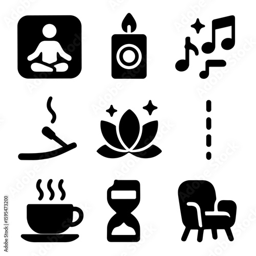 Mindfulness Icon Set. Solid style icons of mindfulness practices: meditation app icon, candle with zen symbol, peaceful music