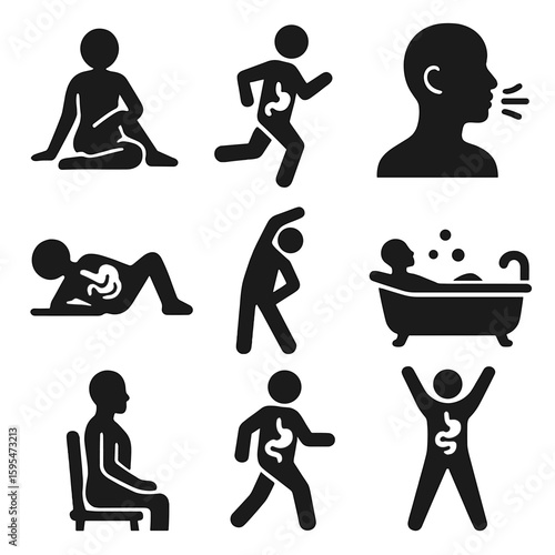 Digestive Wellness Icons. Solid style icons of supportive lifestyle activities: yoga twist pose for digestion, light jog after
