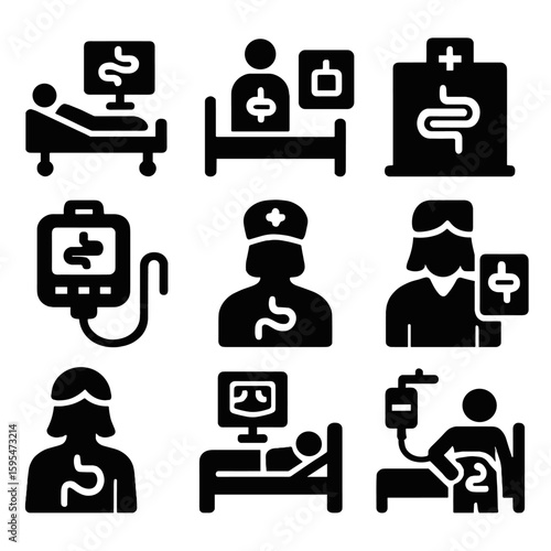 Digestive Health Icons. Solid style icons of hospital care for digestive issues: hospital bed with gut monitor, inpatient gut care