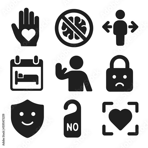 Boundary Setting Icons. Solid style icons of boundary setting and self-respect: stop hand with heart, no entry sign with brain,