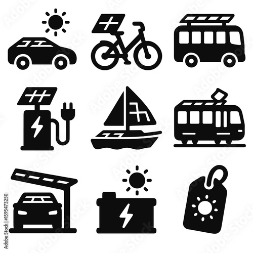 Solar Transportation Icons. Solid style icons of solar-powered transportation: solar-powered car, electric bike with solar charger