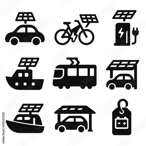 Solar Transportation Icons. Solid style icons of solar-powered transportation: solar-powered car, electric bike with solar charger