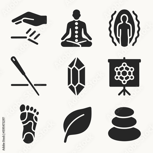 Holistic Healing Symbols. Solid style icons of holistic healing: reiki hand gesture, chakra alignment icon, energy field symbol,