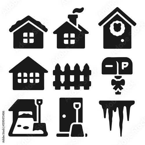 Winter Home Icons. Solid style icons of winter home exteriors: snowy rooftop, chimney with smoke, wreath on door, lighted windows,