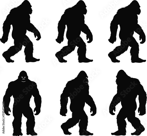 Bigfoot, Sasquatch, Yeti silhouettes, mythical cryptid walking poses, black and white vector, folklore monster illustration, paranormal creature design, Adobe Stock