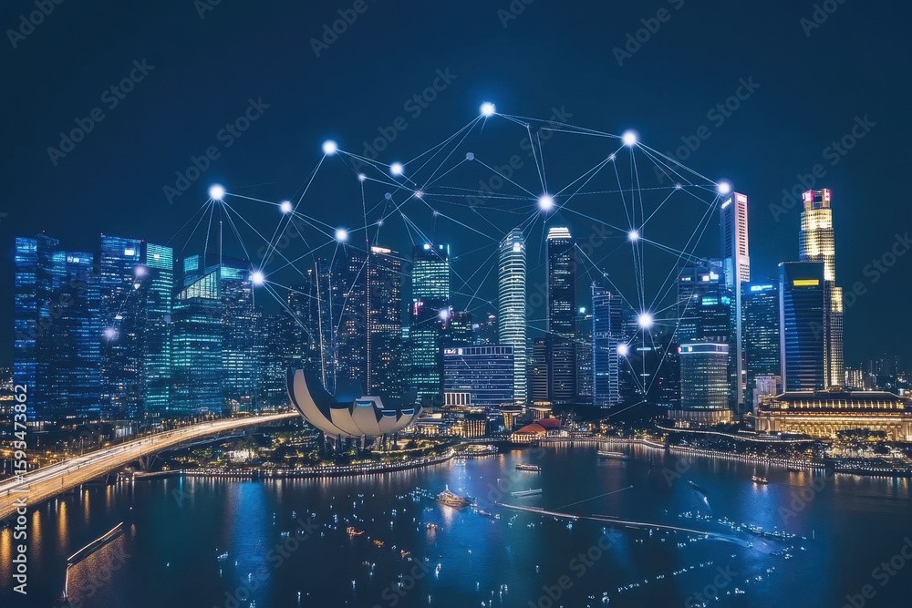 Fototapeta premium Global business connections and networking in a vibrant cityscape at night, Global business concept of connections and information transfer in the world from singapore