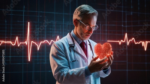 Doctor holding a digital heart with ekg graph in the background in a medical setting with glasses