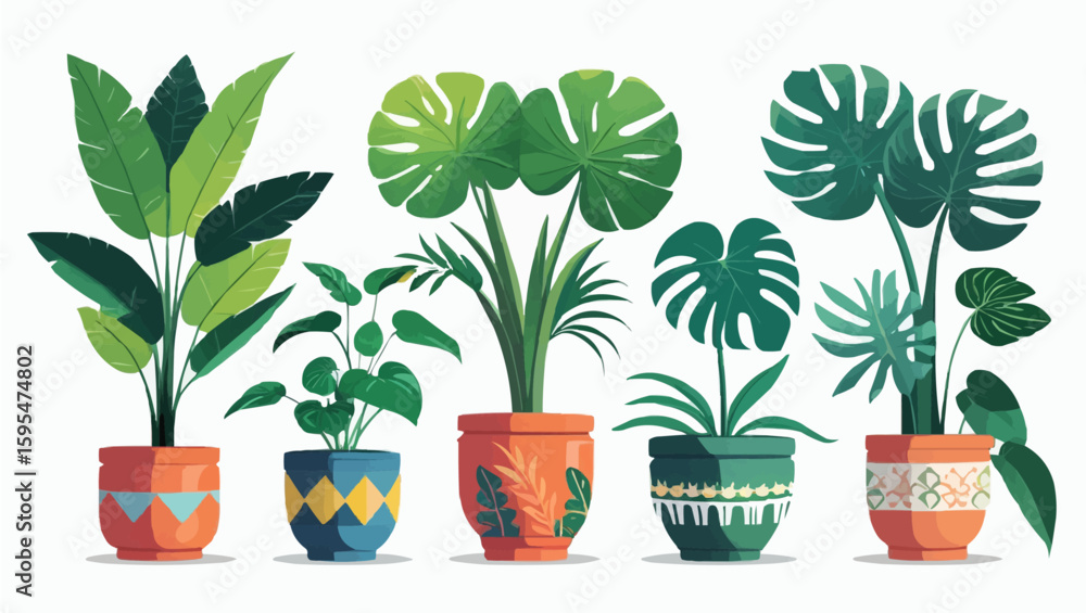 Fototapeta premium Collection of beautiful plants in ceramic pots isolated on transparent background.