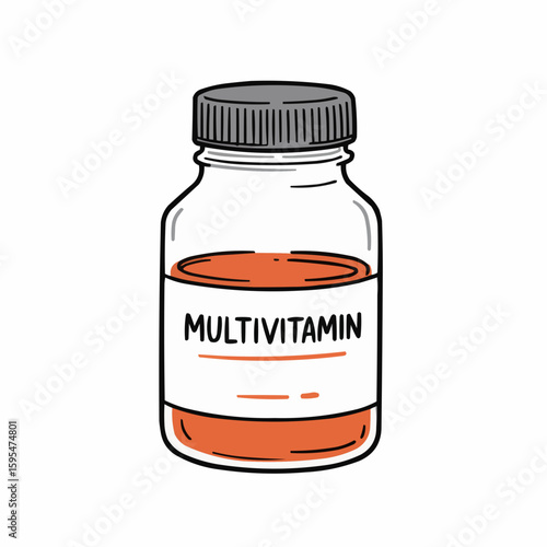 Multivitamin bottle with orange liquid and gray cap in illustration style  
