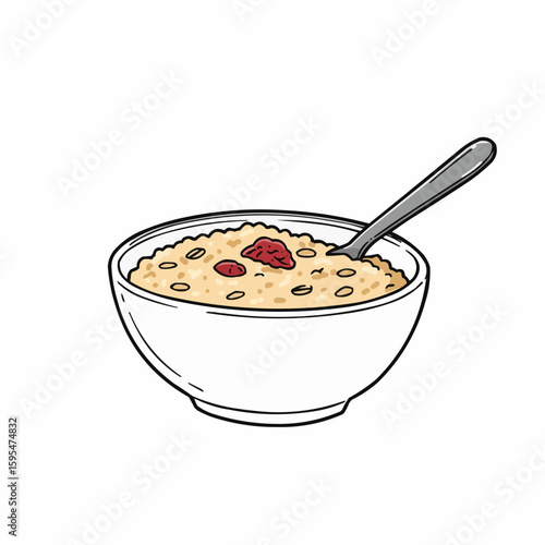 Oatmeal bowl with spoon and red berry on white background  