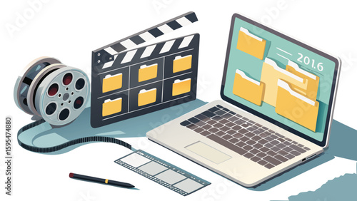 Film reel, clapperboard, and laptop with file folders for video editing in digital media production illustration
