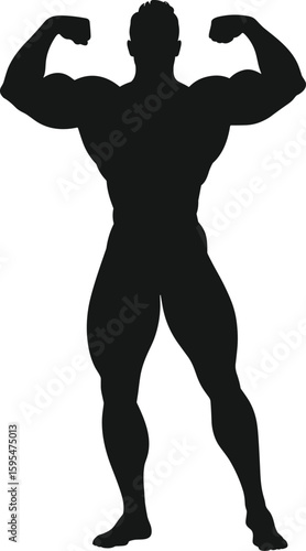 Bodybuilder silhouette flexing pose, strong muscular figure vector, gym fitness artwork, power training design, black graphic, exercise illustration