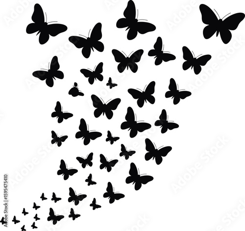 Butterfly silhouette in flight, black insect vector illustration, nature-inspired design, elegant winged pattern, artistic graphic artwork, Adobe Stock image