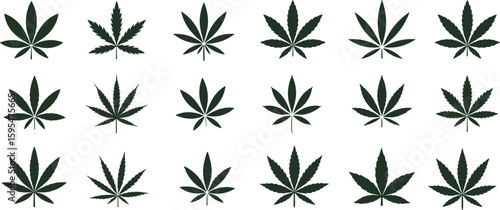 Cannabis leaf icons collection, marijuana plant silhouette set, vector illustration for design, medical use, recreational branding, lifestyle symbol