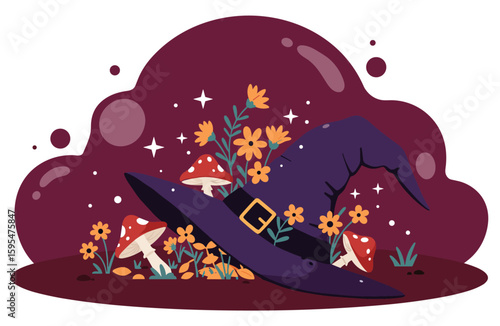 Witch Hat with Flowers and Mushrooms on Purple Background