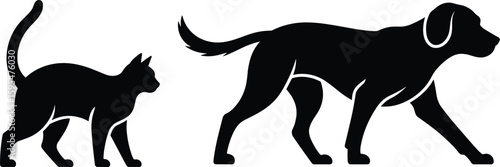 Cat and dog walking silhouette, black animal vector art, pet companion design, friendship illustration, minimal outline graphic, domestic scene
