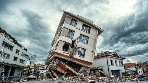 Earthquake damage Collapsed building in city, dramatic sky