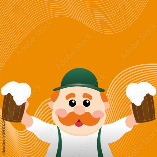 Minimalist vector drawing of a redheaded grandpa with Octoberfest theme. Cute simple illustration, beer festival Octoberfest