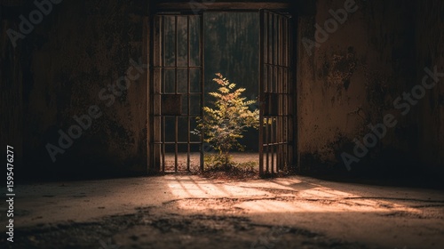 A small plant grows through a barred gate in a dark, abandoned building