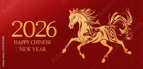 Colorful greeting banner for chinese new year of the horse 2026. Golden fire horse on red gradient background. Horse in the style of Chinese paper cut art.