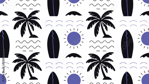 Tropical beach pattern with surfboards, palm trees, and sun in black and purple illustration
