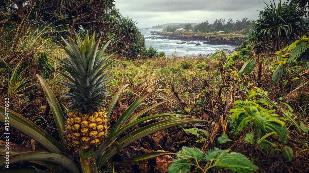 Fototapeta premium Pineapple growing amidst lush tropical vegetation near the coast.