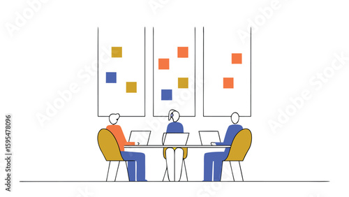 Office Meeting with Team Collaborating and Sticky Notes on Wall