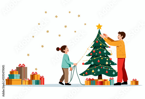 Father and daughter decorating Christmas tree with gifts around  