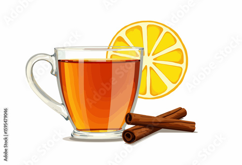 Glass of tea with lemon slice and cinnamon sticks on white background  