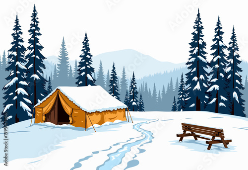 Winter camping scene with orange tent and snow-covered forest  