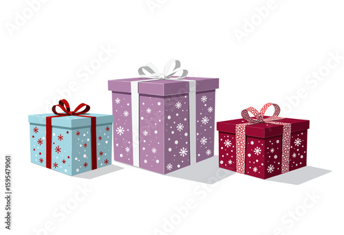 Colorful gift boxes with bows and snowflakes on white background  