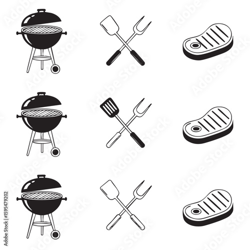 Barbecue grill with spatula and fork and grilled steak vector