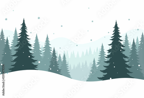 Winter landscape with snow-covered evergreen trees in calm scenery  