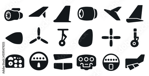 Collection of airplane icons, including propellers, wings, and tails. The icons are all black and white