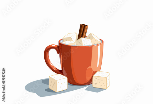Red mug with marshmallows and cinnamon stick on white background  