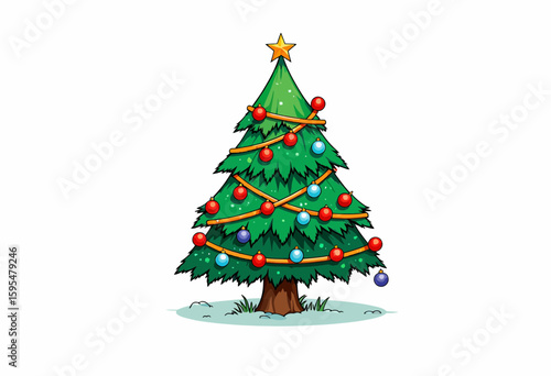 Cartoon Christmas tree decorated with colorful ornaments and star  