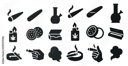 Collection of various smoking and marijuana related icons. The icons include a lighter, a pipe, a bowl, a cigarette, and a joint. Scene is casual and relaxed