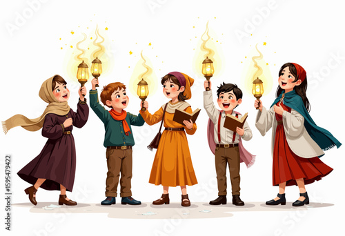 Children celebrating with lanterns and joyful expressions at night  
