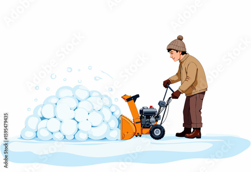 Man using snow blower to clear snow from driveway in winter  
