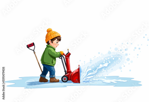 Young boy using a snowblower to clear snow in winter landscape  