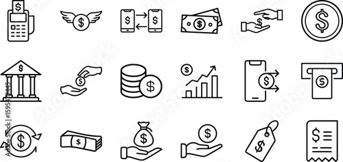 Simple Set of Money Related Vector Line Icons. Icons as Wallet, Bundle of Money, Hand with a Coin and more. Money Icon collocation.