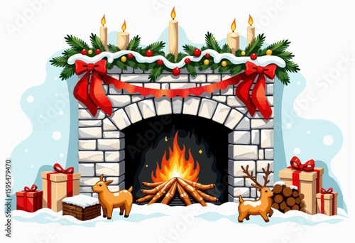 Cozy Christmas fireplace decorated with garland and candles  