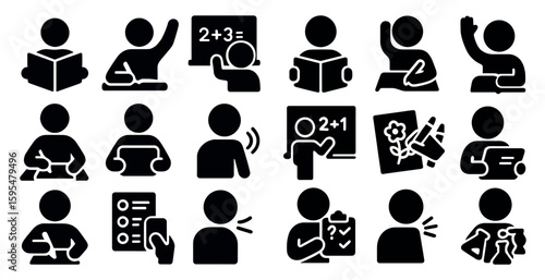 Collection of black and white icons depicting various school activities. The icons include a person reading a book, a person writing on a piece of paper, a person holding a tablet